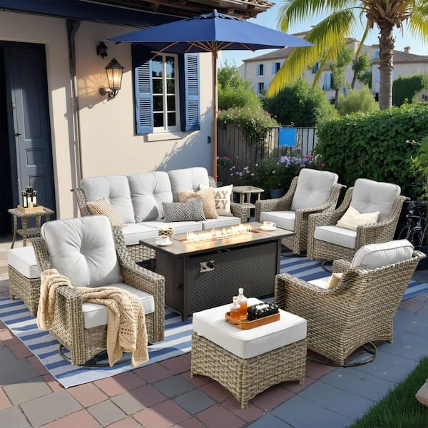 Cherry 10-Piece Wicker Outdoor Furniture Patio Fire Pit Conversation Sofa Set with Swivel Chairs and Light Grey Cushions
