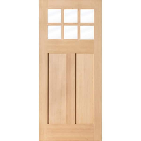 36 in. x 80 in. Craftsman Universal/Reversible 6 Lite Beveled Clear Glass Window Unstained Hemlock Wood Front Door Slab