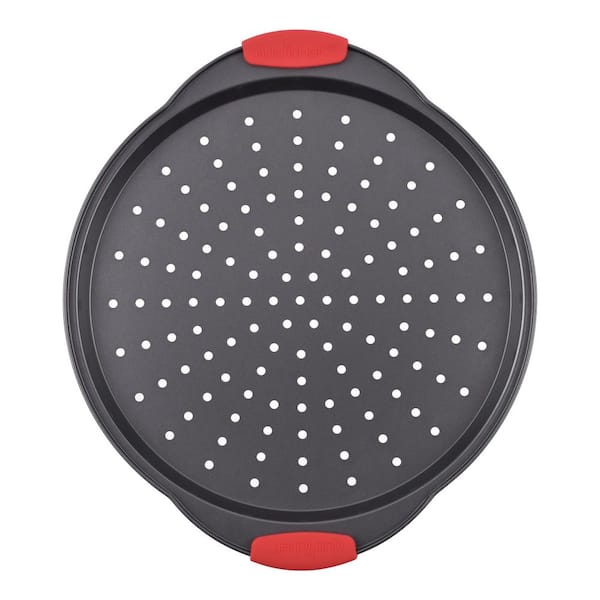 13 in. Nonstick Pizza Tray, Round Carbon Steel with Perforated Holes, Silicone Grip Handles, Dishwasher Safe