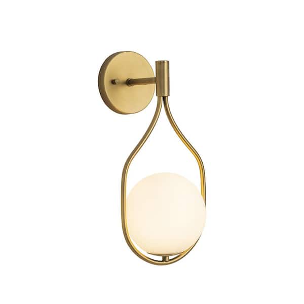 7.5 in. 1-Light Modern Mid-century Gold Wall Sconce with White Opal Glass Shade