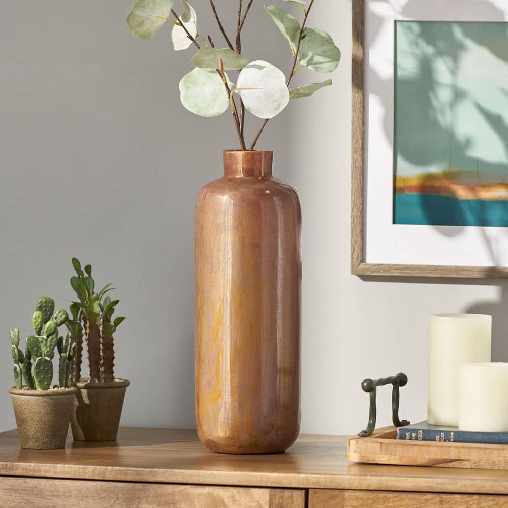 14 in. Copper Color Metal Decorative Vase
