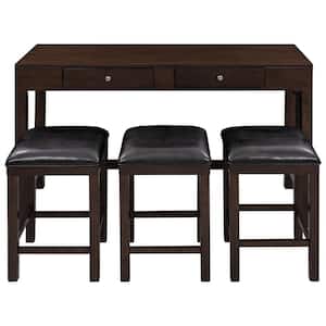 4-Piece Dark Coffee Mulitpurpose Rustic Counter Height Table Set Bar Dining Table Set with 2-Drawers