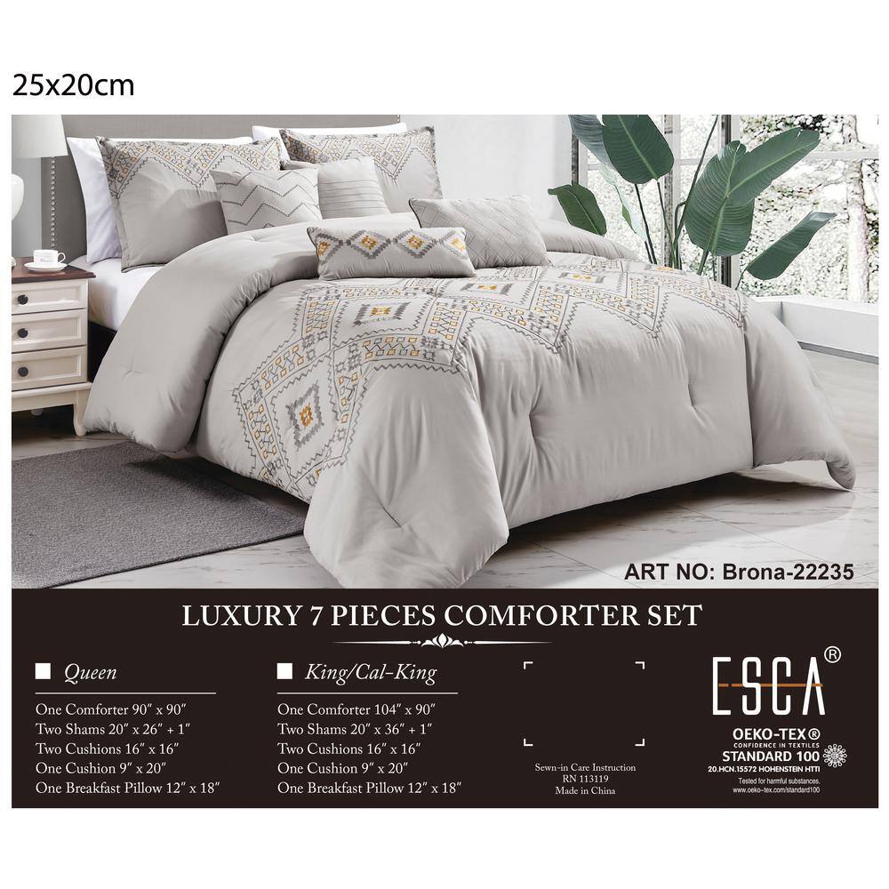 Gray and Yellow Embroidered Microfiber Queen Comforter Set