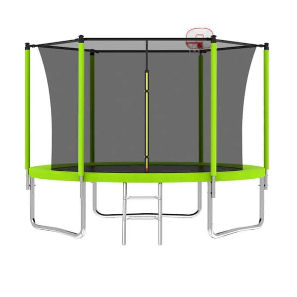 8 ft. Trampoline for Kids and Adults with Basketball Hoop and Ball, Recreational Trampolines w/ Safety Enclosure, Green