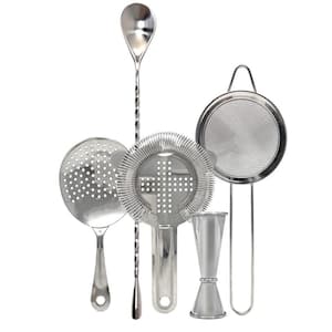 5-Piece Silver Stainless Steel Bar Tool Set with Stirring Spoon, Jigger, Hawthorne, Julep and Fine Mesh Strainer