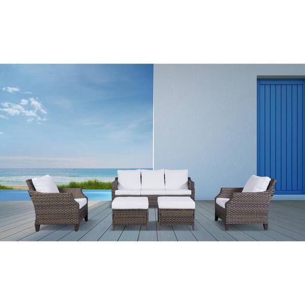 Gymojoy Canton Brown 5Pieces Wicker Patio Conversation Set with White
