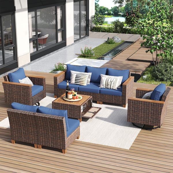 AUTMOON 8-Piece Wicker Outdoor Patio Furniture Set with Blue Cushion, Patio Swivel Rocking Chairs Set