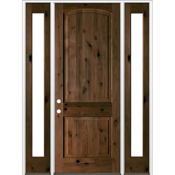 64 in. x 96 in. Knotty Alder Arch Top Right-Hand/Inswing Clear Glass BEHR Espresso Stain Wood Prehung Front Door w/ DFSL