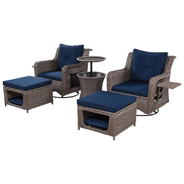 Sudzendf 5-Pieces Outdoor Wicker Sofa Set Patio Swivel Rocking Chairs Set with Navy Blue Cushions