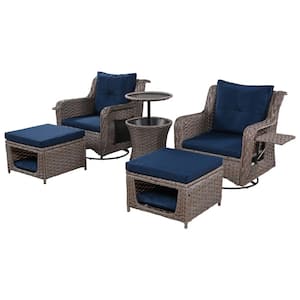 5-Pieces Outdoor Wicker Sofa Set Patio Swivel Rocking Chairs Set with Navy Blue Cushions