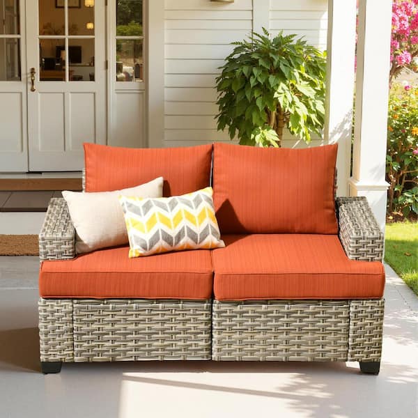 Terra Wicker Outdoor Couch Patio Sofa with Orange Red Cushions