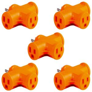 Heavy-Duty 3-Outlet T-Shaped Grounded Tap Adapter Plug, Orange (5-Pack)