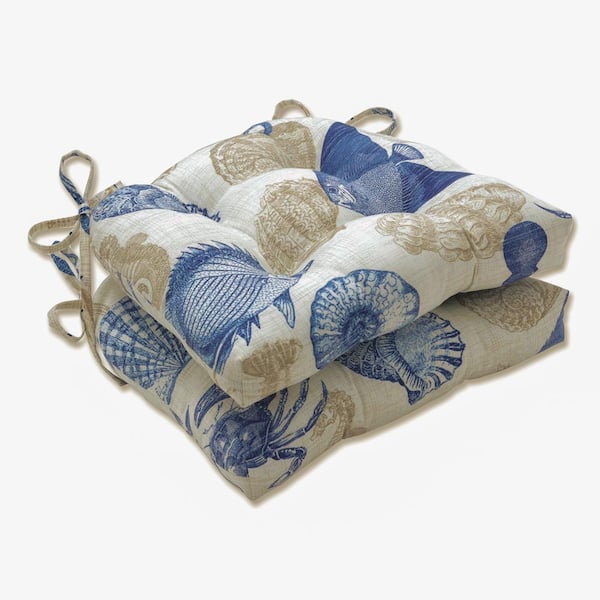 Pillow Perfect Tropical 16 in. x 15.5 in. Outdoor Dining Chair Cushion in Blue/Tan (Set of 2)
