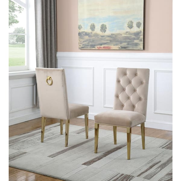 Best Quality Furniture Fed Cream Velvet Gold Chrome Legs Chairs (Set of 2)