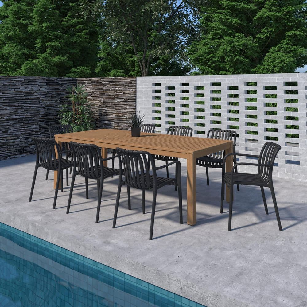 Praslin 9-Piece Teak Finish Wood 100% FSC Rectangular Patio Dining Set Black