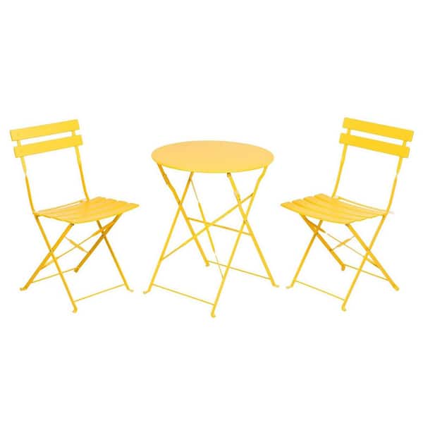 Yellow 3-Piece Folding Outdoor Bistro Set, Metal Chairs and Round Coffee Table, Portable for Patio, Proch, Balcony