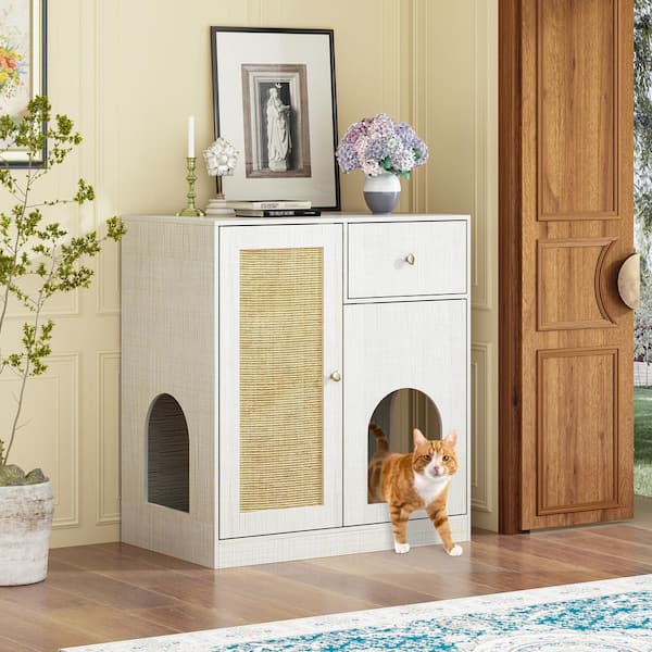 FUFU&GAGA Modern Litter Box Enclosure Storage Cabinet with Drawers, Wooden Hidden Cat Washroom with Sisal Door And 3 Cat Holes
