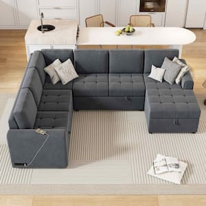 107.5 in. Square Arm Corduroy U-Shaped Sectional Sofa in Gray with Sofa Bed, Storage Lounge and Charging Devices