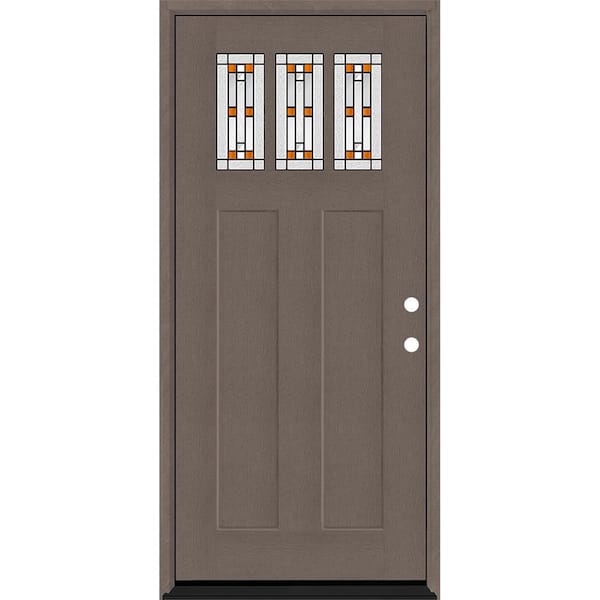 Steves & Sons Regency 36 in. x 80 in. 3-Lite Amberton Decorative Glass LHIS Ashwood Stain Fir Grain Fiberglass Prehung Front Door
