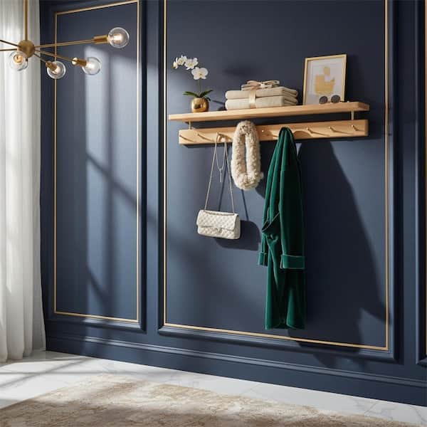 Brown Wood Wall Mount Coat Rack with Shelf and 9-Brass Hooks