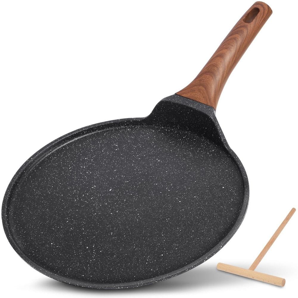 Wudkey 9.5 in. Black Crepe Pan with Spreader, Nonstick Aluminum Dosa ...