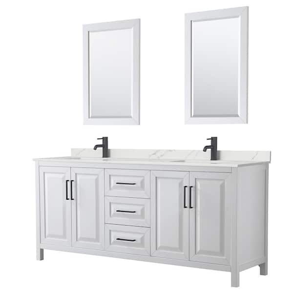 Wyndham Collection Daria 80 in. W x 22 in. D x 35.75 in. H Double Bath Vanity in White with Giotto Quartz Top and 24 in. Mirrors