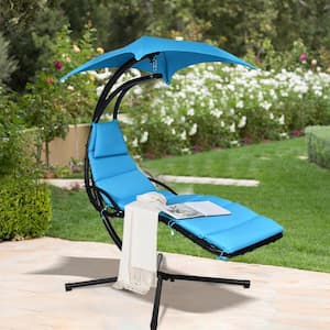 Metal Outdoor Chaise Lounge with Blue Cushions Removable and Adjustable Canopy