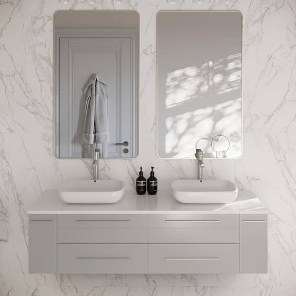 Lucera 60 in. Double Sink Wall Mount Floating Gray Bath Vanity with White Quartz Top and Vessel Ceramic Sinks