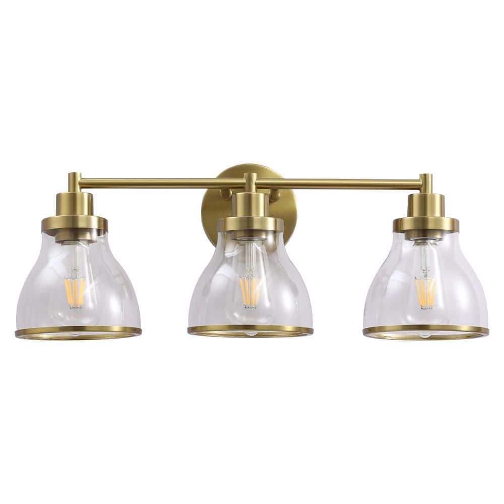 Sun 22.5 in. 3-Light Brushed Brass color Vanity Light with Clear Glass shad