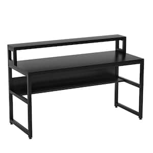 Meghan 55 in. Rectangular Black Metal and Particle Wood Board Top Computer Desk with Monitor Stand and Shelf