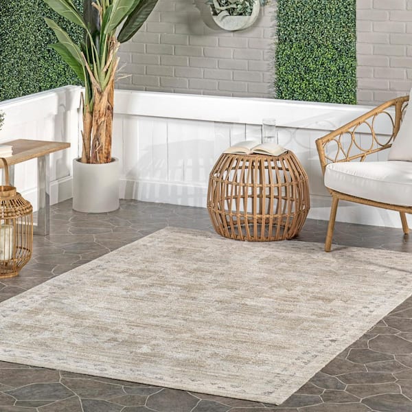 Aine Bordered Machine Washable Beige 5 ft. x 8 ft. Indoor/Outdoor Area Rug