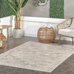 Aine Bordered Machine Washable Beige 7 ft. x 10 ft. Indoor/Outdoor Area Rug