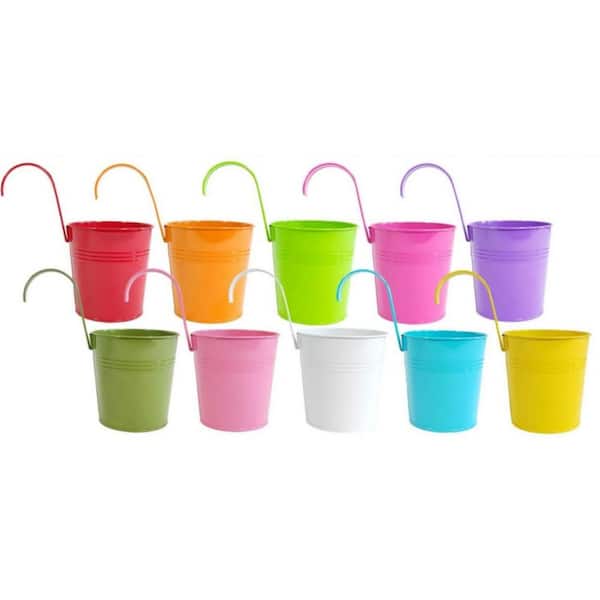 10 Piece Fence Planters, Metal Hanging Pots Plant Holder with Detachable Hook and Drainage, Multi-Color