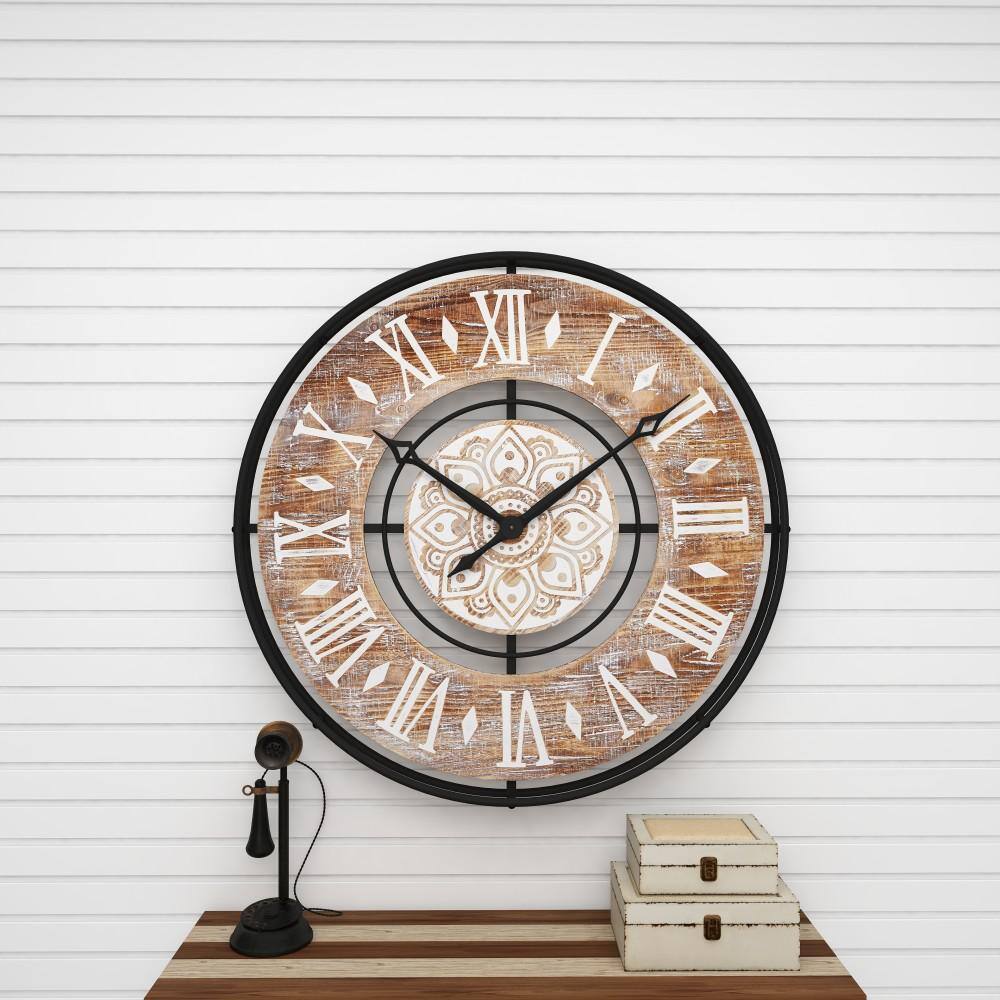 34" Brown Metal and Wood Industrial Wall Clock