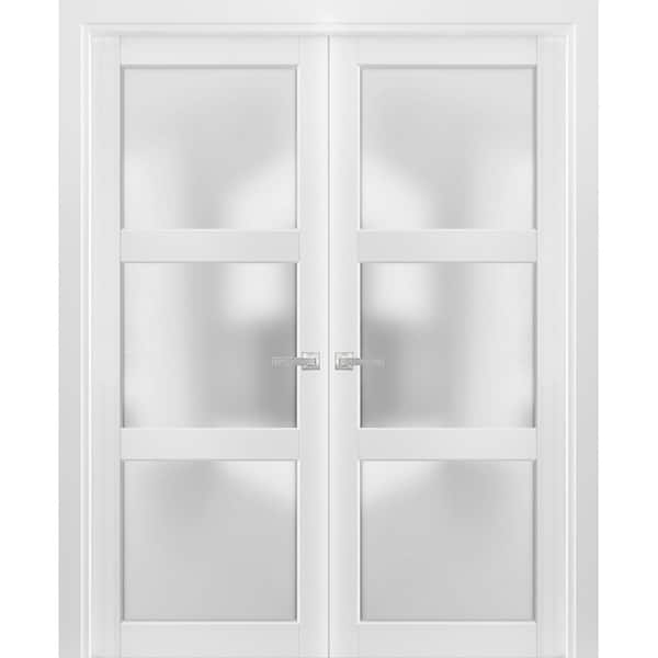 Sartodoors 2552 36 in. x 84 in. Universal Handling 3 Lite Frosted Glass Solid White Finished Pine Wood Interior Door Slab