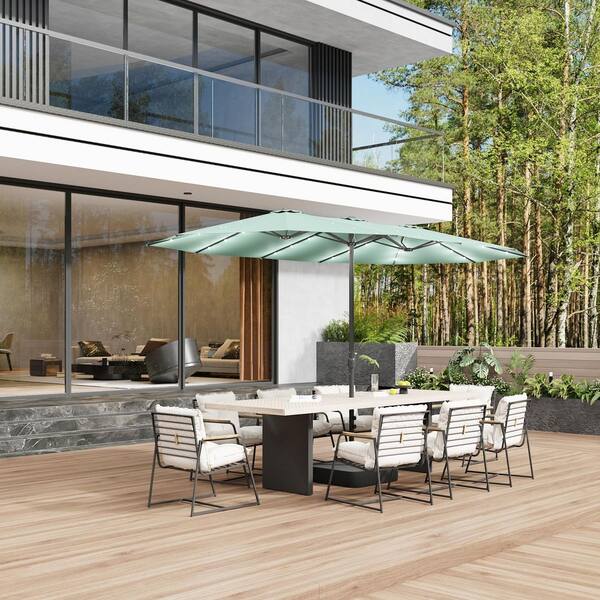blue 11ft offset patio umbrella JOYESERY 11 ft. Deluxe Cantilever Patio Umbrella in Lake Blue with 360 Rotation and Base