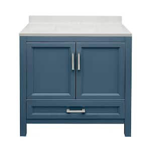 Salerno 37 in. W x 22 in. D x 36 in. H Bath Vanity in Navy Blue with Cultured Marble Vanity Top in White with Backsplash