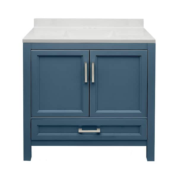 Amluxx Salerno 37 in. W x 22 in. D x 36 in. H Bath Vanity in Navy Blue with Cultured Marble Vanity Top in White with Backsplash