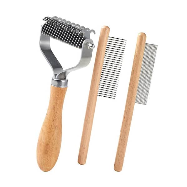 Pet Grooming Kit for Dogs and Cats Shedding, Dematting, Deshedding Brushes with Wood Handles (3-Pack)