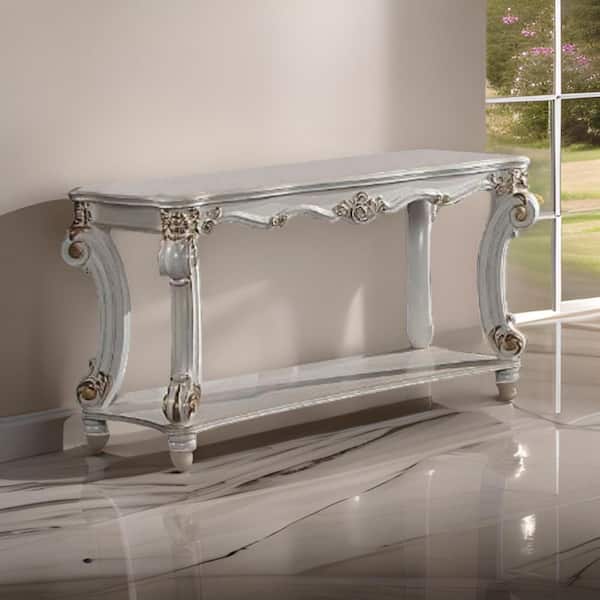 Benjara 58 in. White and Gold Rectangle Wooden Console Table with Classic Scrolled Legs and Shelf