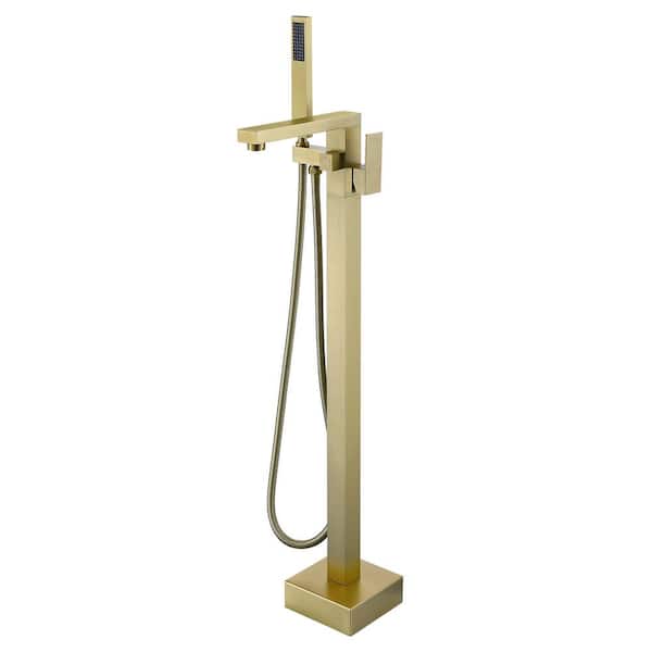AIMADI Single-Handle Freestanding Tub Faucet with Hand Shower Brass Single Hole Floor Mount Bathtub Faucets in. Brushed Gold
