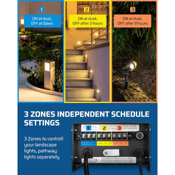 Low Voltage 200-Watt Metal Landscape Lighting Transformer with Timer and Photocell Sensor, 120V AC to 12V/14V AC