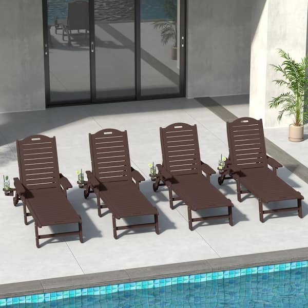 Brighton Outdoor Patio Dark Brown Poly Plastic Set of 4 Reclining Chaise Lounge Cup Holder Pool Chairs w/ Wheels