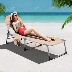 Beach Lounge Chair Outdoor Recliner with 5-Adjustable Positions Detachable Pillow and Hand Ropes Beige
