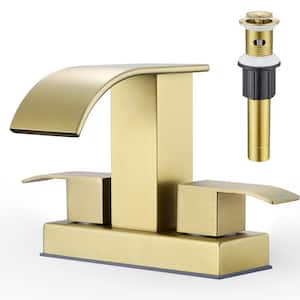 4 in. Centerset Double-Handle Waterfall Spout Bathroom Vessel Sink Faucet with Drain Kit Included in Brushed Gold