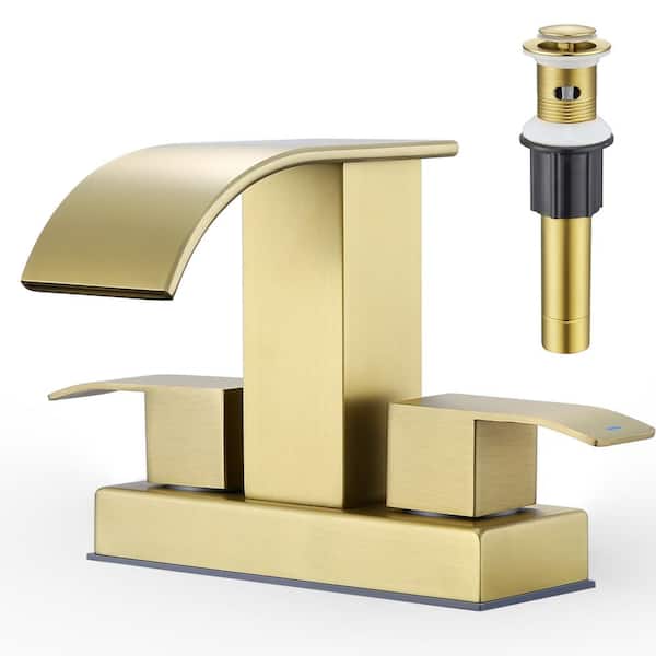 GAGALIFE 4 in. Centerset Double-Handle Waterfall Spout Bathroom Vessel Sink Faucet with Drain Kit Included in Brushed Gold