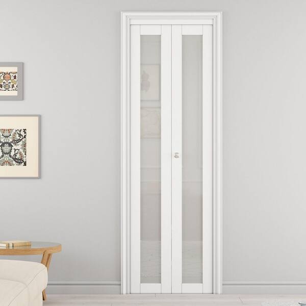 28 in. x 80 in. 1-Lite Frosted Glass Solid Core MDF White Finished Closet Bifold Door with Hardware