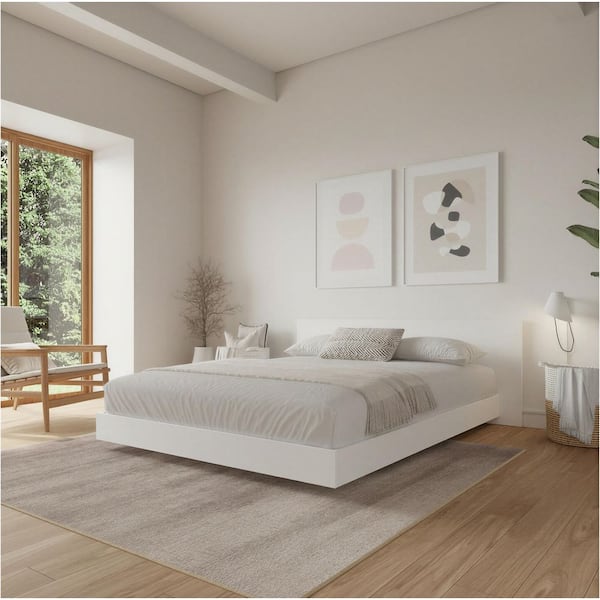 Satori White Frame King Size Low Profile Platform Bed with Headboard