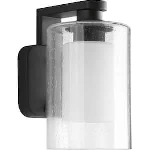 Compel Collection 1-Light Textured Black Clear Seeded Glass Modern Outdoor Small Wall Lantern Light