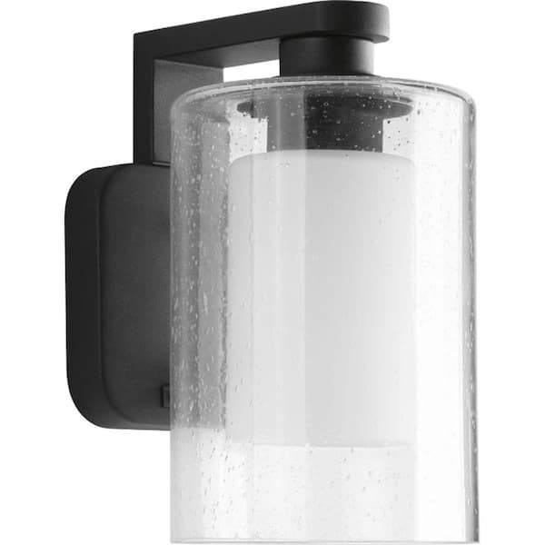 Progress Lighting Compel Collection 1-Light Textured Black Clear Seeded Glass Modern Outdoor Small Wall Lantern Light